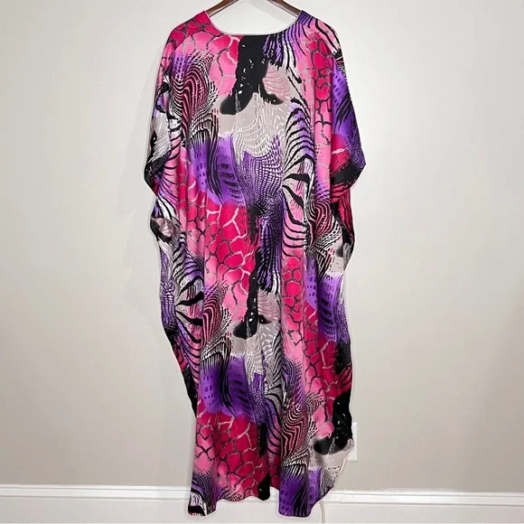 Winlar Purple Pink Animal Print V-Neck Kaftan Muu Muu Maxi Dress Womens One Size - Picture 7 of 13